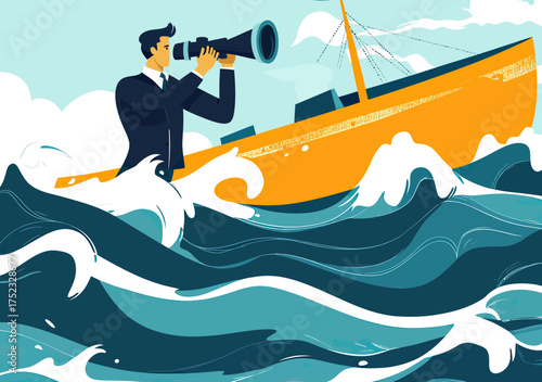 Businessman standing on sinking ship in stormy ocean looking through binoculars symbolizing leadership vision strategy and challenge in flat vector style