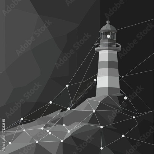 Monochrome polygonal lighthouse with geometric low poly background and connecting dots and lines technology network design in flat vector style