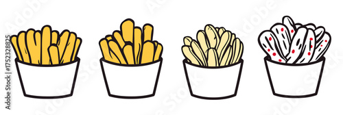 Four variations of fried potatoes in takeaway containers including classic fries, steak fries, shoestring fries, and seasoned curly fries in minimalist vector style