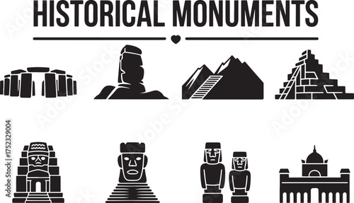 Collection of Famous Ancient Historical Monuments From Around The World Represented By Icons
