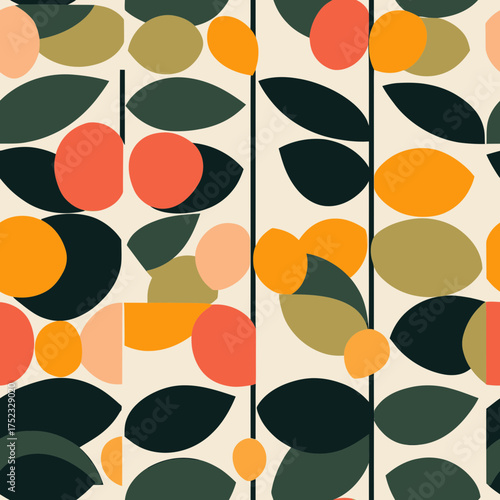 Seamless flat vector pattern with colorful minimalist abstract fruit shapes and olive green leaves on cream background for textile design or wallpaper