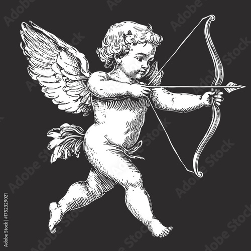 Cherubic Cupid figure with wings drawing bow and arrow, love and romance vintage black and white engraving, classic mythological angel vector illustration