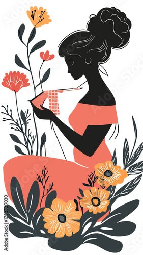 Elegant woman silhouette knitting with floral decoration, handcrafted hobby concept, serene female portrait with flowers in minimalist flat vector style, creative leisure activity illustration