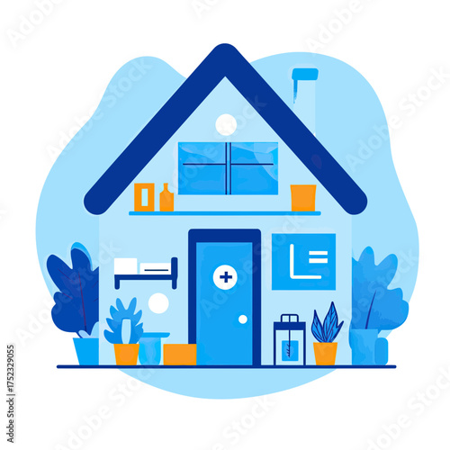 Minimalist flat vector illustration of medical home care building with healthcare symbols plants and blue color scheme for health service concept