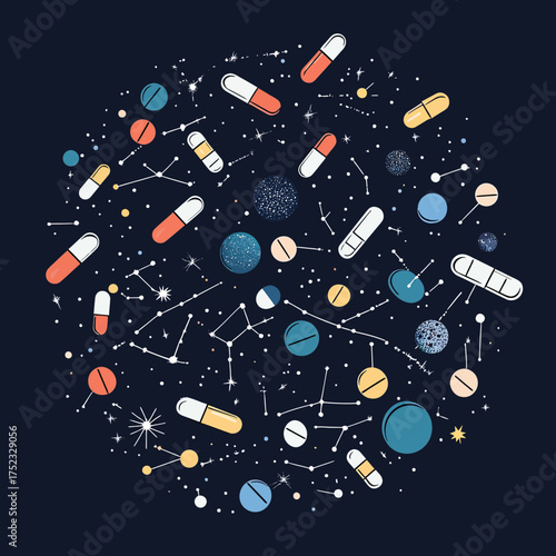 Abstract circular composition of colorful pharmaceutical pills and capsules with constellation and star patterns on dark background for health and medicine concept vector illustration