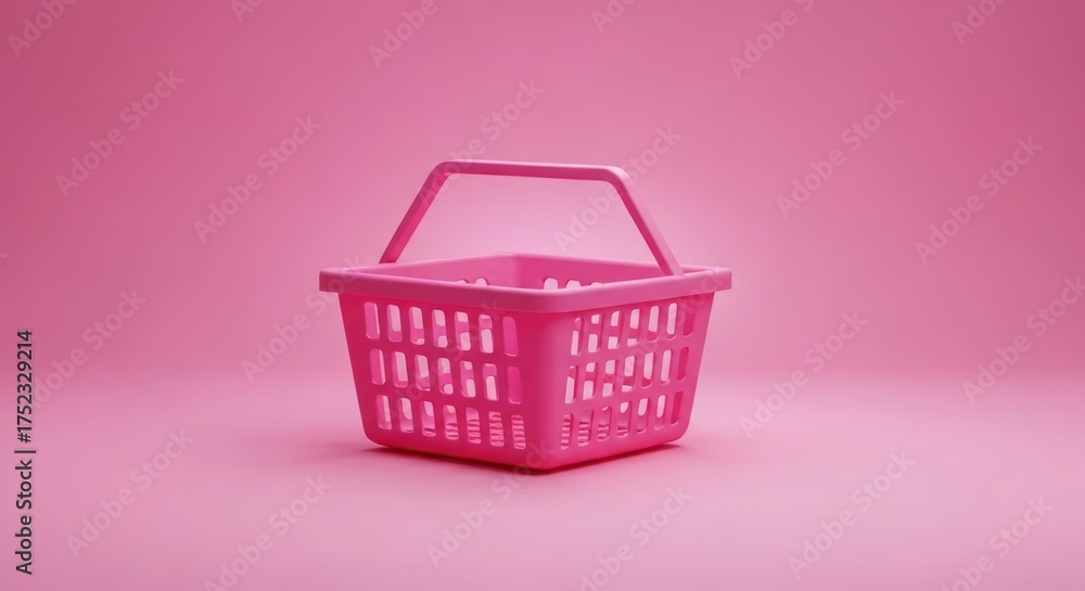 Fototapeta premium Pink plastic shopping basket on pink background, centered, simple scene