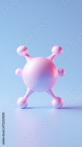 Abstract pink sphere with legs and arms on a blue background.