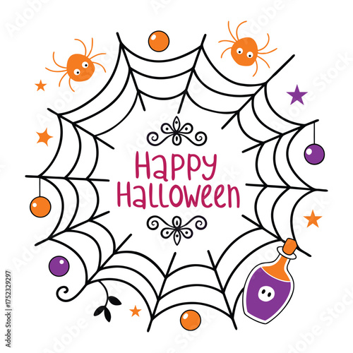 Cute Halloween spider web with potion and text cartoon
