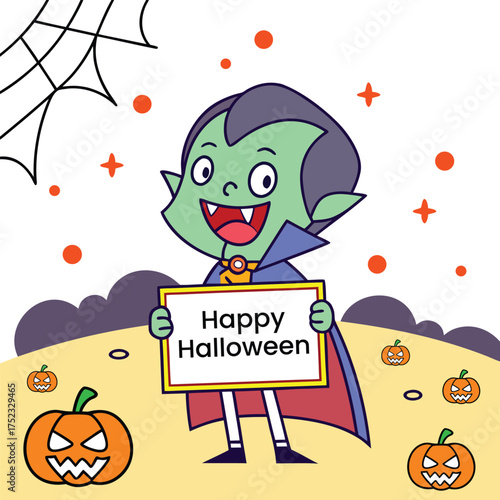 Cute cartoon vampire holding happy halloween sign with pumpkins and spider web character