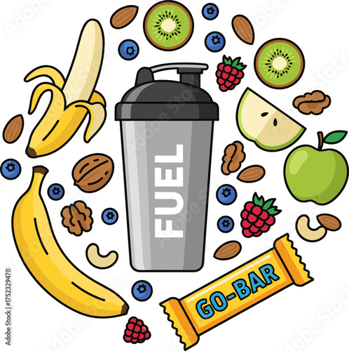 Shaker bottle surrounded by healthy snacks and fruits representing fitness nutrition, colorful, copy space