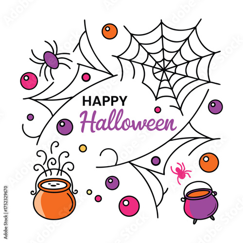 Happy Halloween text with spiders cauldrons and spiderwebs lettering
