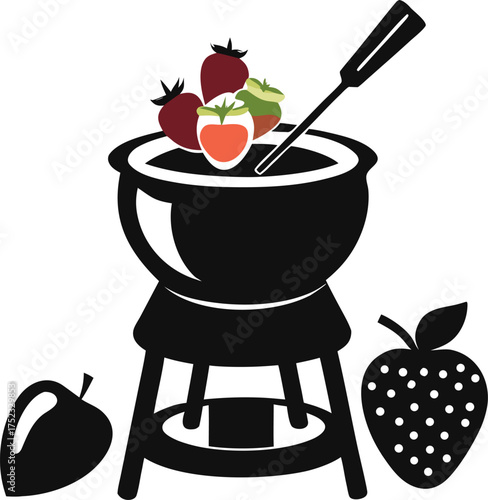 Chocolate fondue pot with fruits and marshmallows dipped inside  silhouette vector icon , white background 