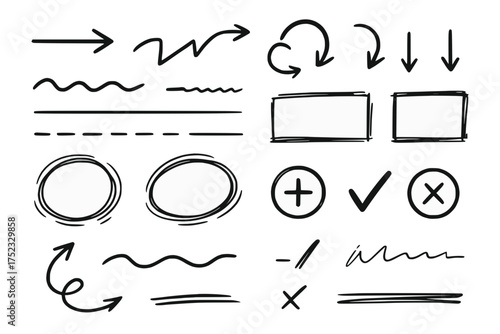 Hand-Drawn Arrow and Symbol Set in Black Ink for Visual Notes and Diagrams