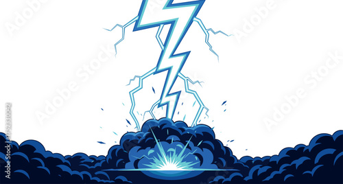 Dynamic illustration of a powerful blue lightning bolt striking a dark, stormy cloud formation, creating a brilliant burst of light and energetic impact, symbolizing immense power and natural force