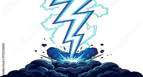 Powerful lightning bolt striking dark stormy clouds, creating an explosive burst of electric energy with dynamic cartoon-style effects, ideal for themes of power, crisis, or natural phenomena