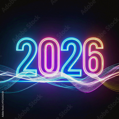 Neon New Year 2026 Glowing Digits with Abstract Digital Waves and Cyberpunk Light Effect