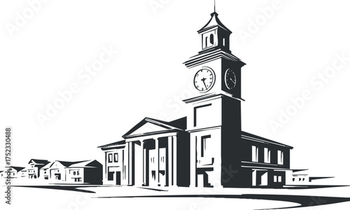 Monochrome illustration of a historic clocktower building with columns and surrounding townscape.
