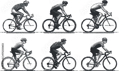 Illustration of cyclists in various riding positions, depicted in a halftone dot style.