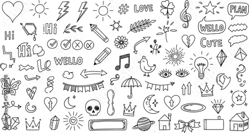 Charming collection of hand-drawn doodle icons and design elements. Features nature, objects, and decorative sketches for creative graphic projects