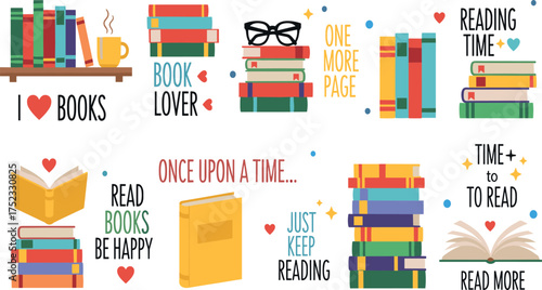 Collection of colorful book icons with various text labels related to reading and literature