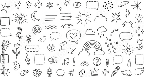 Hand Drawn Doodle Elements Vector Stars, Flowers, Rainbow, Speech Bubbles