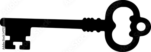 Skeleton key silhouette. This image shows a black silhouette of an ornate, antique skeleton key with intricate details, used for unlocking vintage locks. Vector clipart illustration design