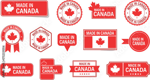 A comprehensive set of red and white 'Made in Canada' labels, badges, and stickers. Vector icons for product origin and quality assurance