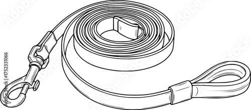 Dog leash drawing. It is a black and white outline image of a dog leash, a pet accessory for walking and control. Vector sketch line art draw.