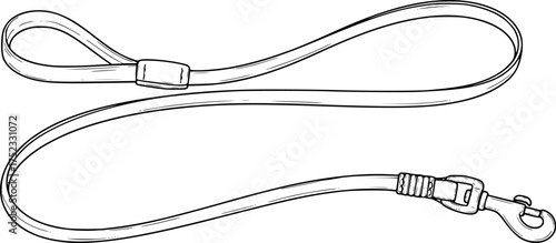 Dog leash drawing. It is a black and white outline image of a dog leash, a pet accessory for walking and control. Vector sketch line art draw.