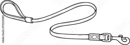 Dog leash drawing. It is a black and white outline image of a dog leash, a pet accessory for walking and control. Vector sketch line art draw.