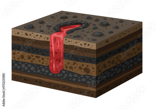Cartoon Cross-Section of Earth Layers with Lava Flowing Through.