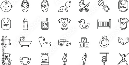 Baby icons, childcare symbols, infant, stroller, pacifier, bottle, bib, crib, toy, teddy, diaper, food, pregnant, mother, family