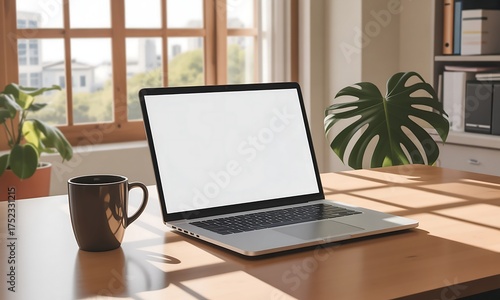 Wallpaper Mural Laptop and coffee mug on a wooden desk with sunlight streaming through a window computer Torontodigital.ca