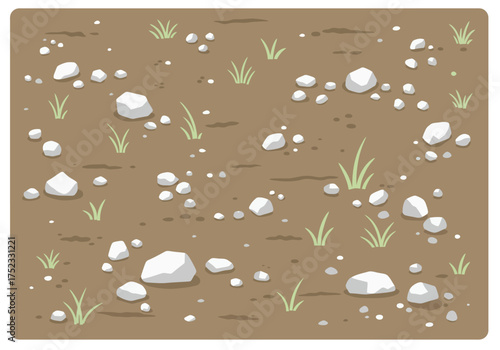 Cartoon Ground Texture with Rocks and Grass Illustration.