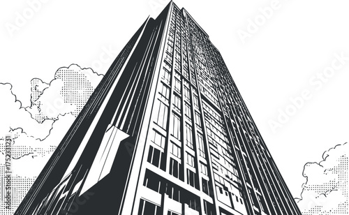 Monochrome illustration of a modern skyscraper with geometric lines and cloudy sky background.