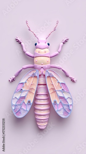 Artistic insect illustration with colorful wings and detailed design.