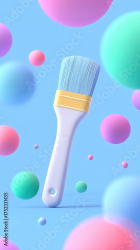 Artistic Paintbrush Floating Amidst Colorful Spheres on Blue Background.