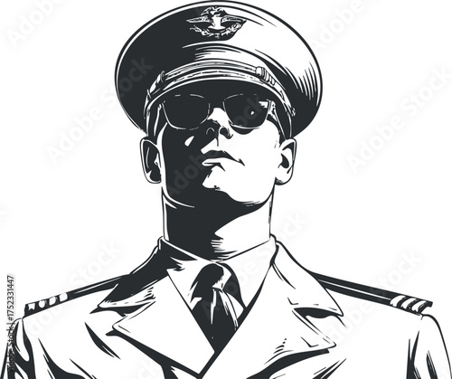 Monochrome illustration of a pilot in uniform with sunglasses, conveying authority and professionalism.