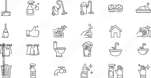 Cleaning icons, hygiene symbols, broom, mop, sponge, spray bottle, vacuum, gloves, toilet, sink, faucet, soap, hand wash, sanitation, household chores
