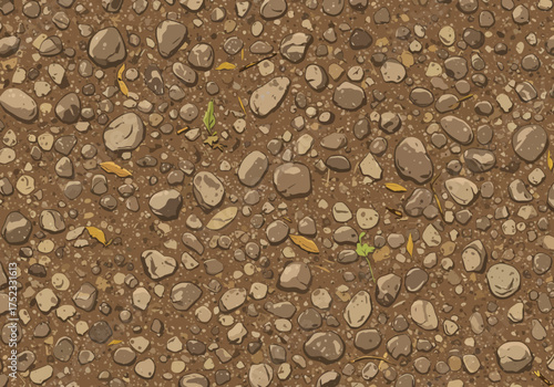Cartoon Ground Texture with Pebbles and Leaves Seamless Pattern.