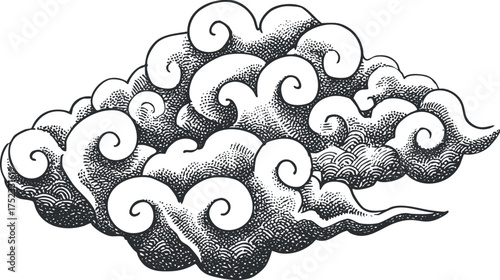 Intricate vintage-style cloud illustration with swirling patterns in black and white engraving style.
