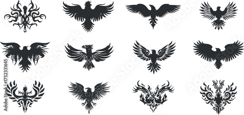 Collection of black phoenix tattoo designs with various wing and feather patterns in silhouette style.