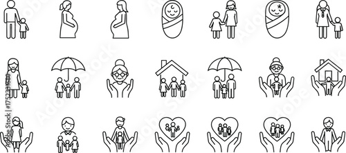 Family icons, caregiving symbols, parenting, pregnancy, baby, child, adult, support, protection, love, care, home, parent, motherhood