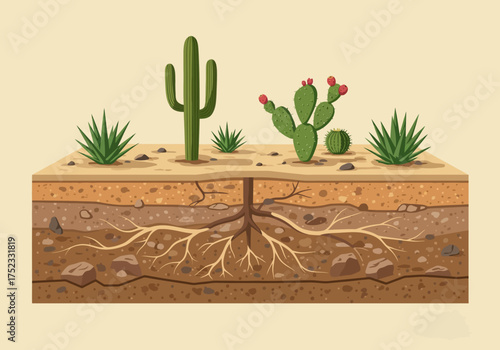 Desert Plants and Root System: Cacti and Agave in Layered Soil Illustration.