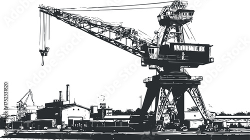 Black and white silhouette of an industrial crane at a port, showcasing heavy machinery.