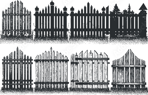 Set of various wooden fence silhouettes in different styles and designs for decoration.