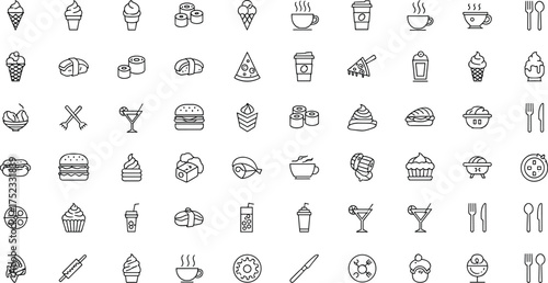 Food icons, drink symbols, ice cream, coffee, tea, sushi, pizza, burger, cupcake, utensils, beverage, snack, dessert