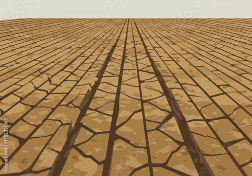 Cracked Earth Landscape with Deep Tire Tracks Perspective.
