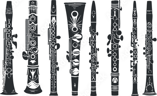 Illustration of various black clarinet silhouettes showcasing different designs and keys on a white background.