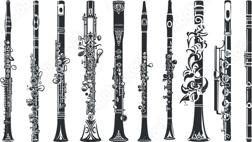 Detailed black and white illustration of clarinets with ornate floral designs and intricate patterns.